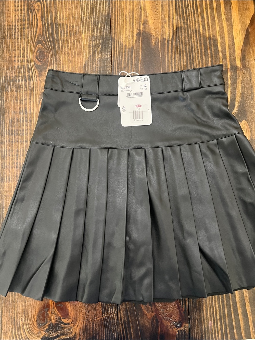 Mayoral Black Pleated Faux Leather Mini Skirt with D-Ring